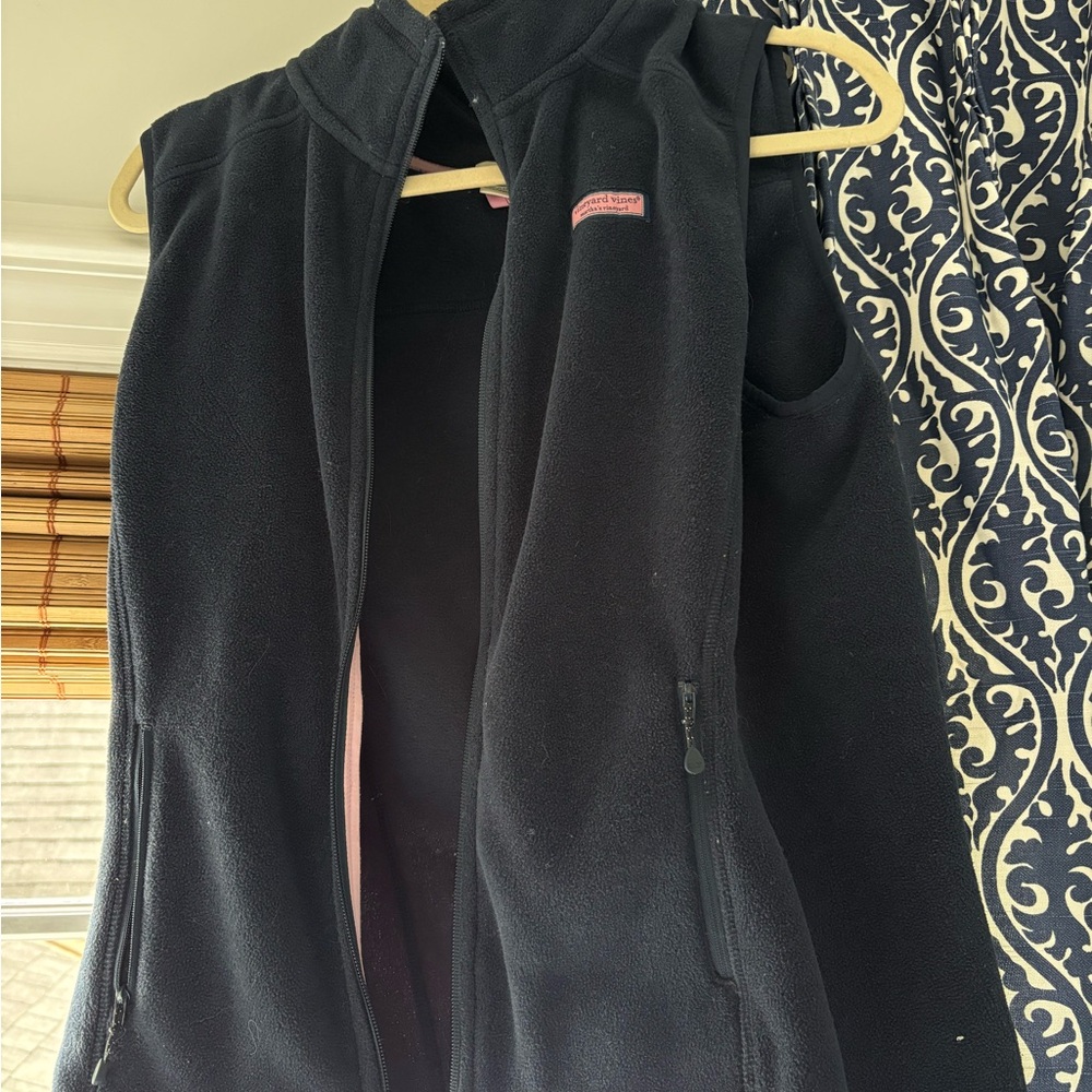 Vineyard Vines Black Fleece Vest with Pink Trim